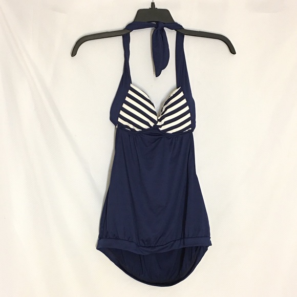 MokingTop Nautical Navy blue stripes Halter Top L - Picture 3 of 13